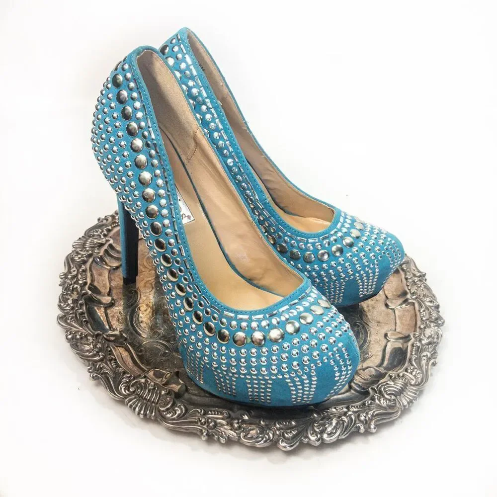 Two Lips Studlee Blue Studded Platform Heels Sz 6.5M